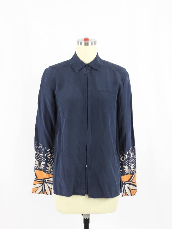Tory Burch Tops - TORY BURCH Navy Blue Python 100% Silk Crepe Floral Long Sleeve Blouse, Size 0